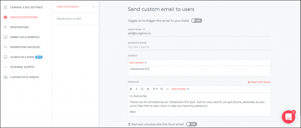 Outgrow Builder email notifications