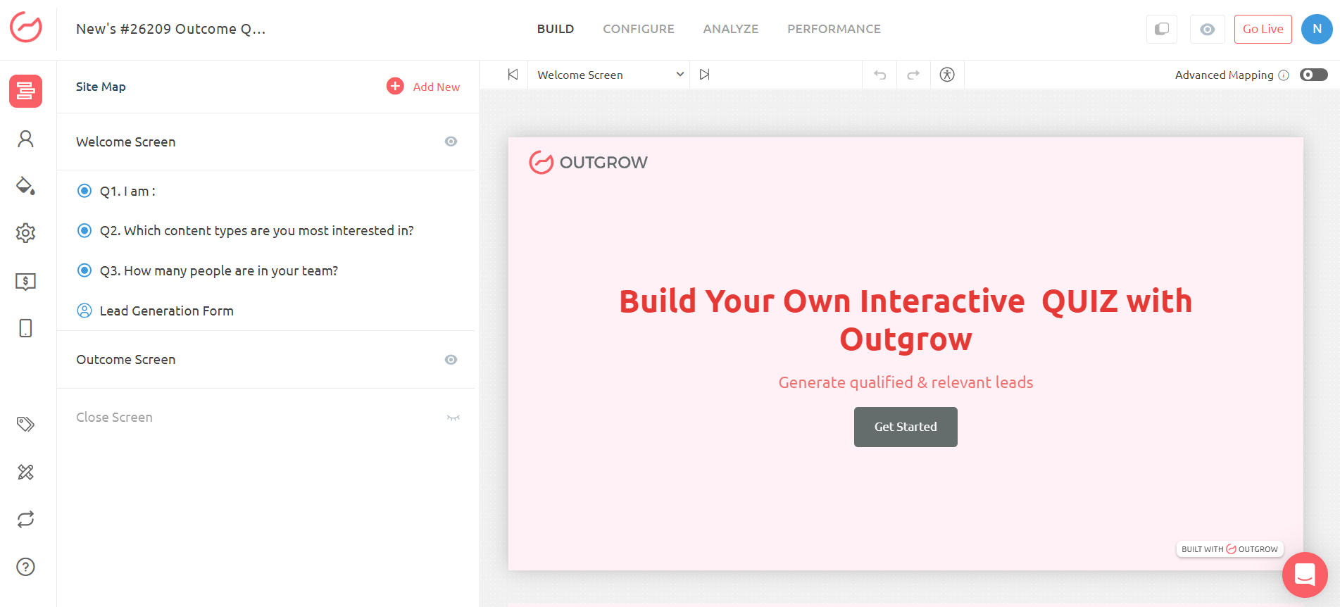 Outgrow's quiz builder's welcome page