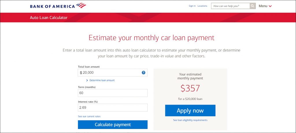 interactive auto loan calculator BOA 