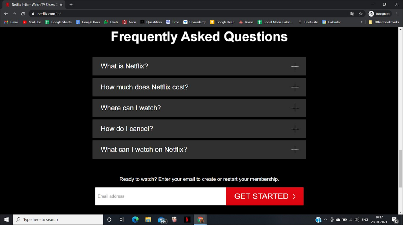 Netflix's FAQs page