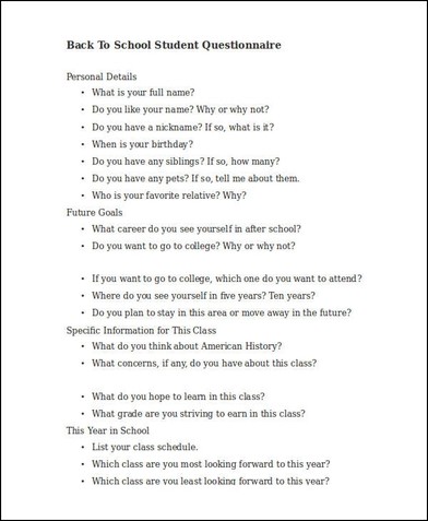 Back to school questionnaire