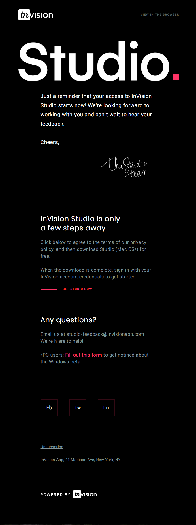 Studio email example 