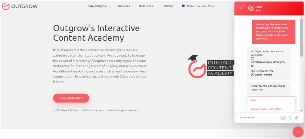 outgrow academy live chat software use real names