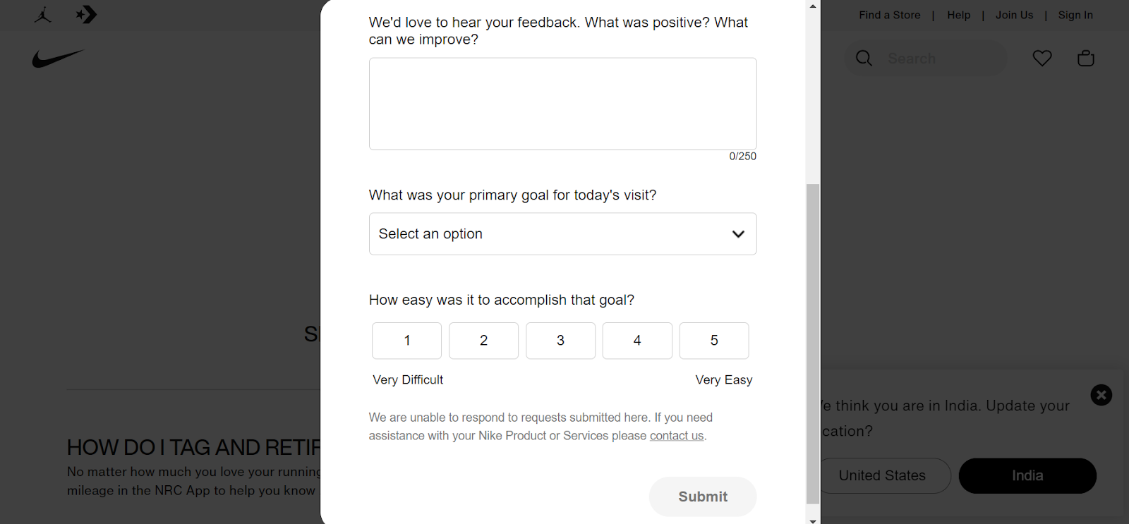 Nike's feedback form