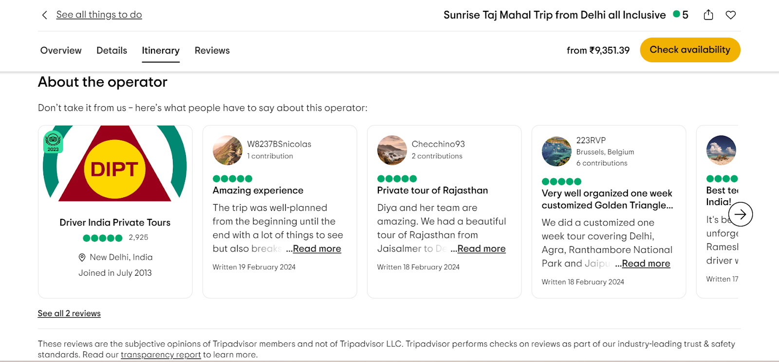 TripAdvisor's customer reviews on website