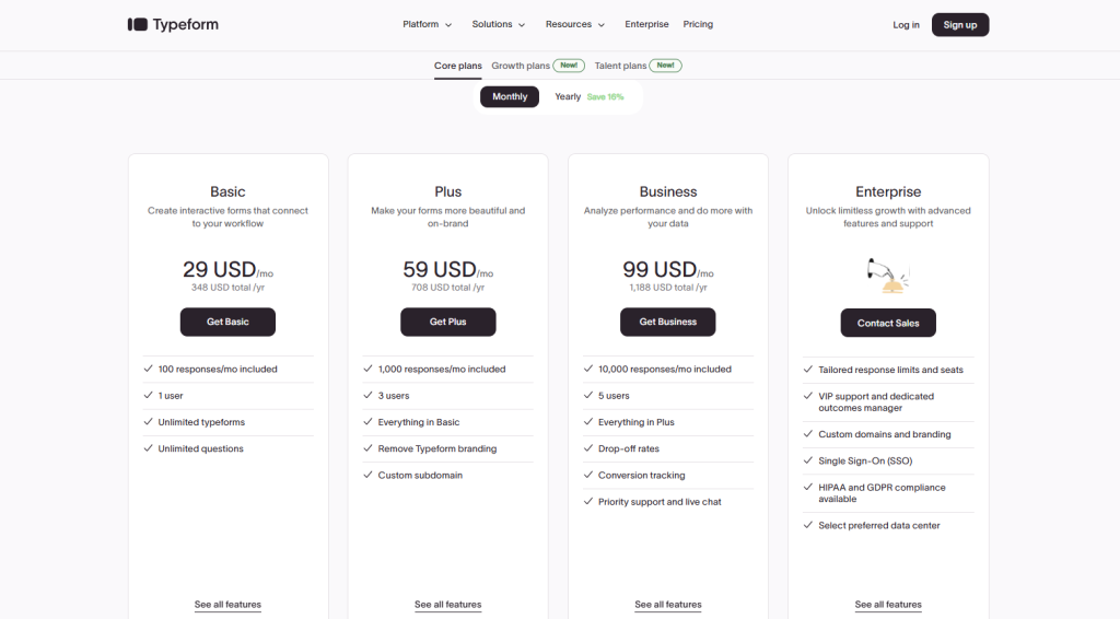 typeform pricing